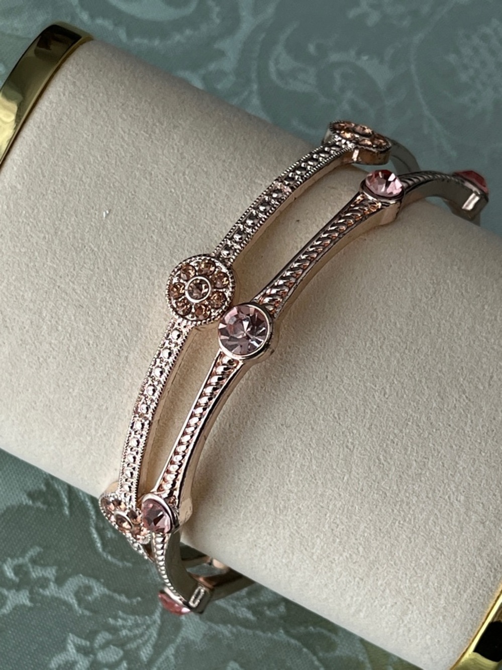 Duo Bangle Set In Rose Gold-Tone With Rhinestones - Picture 5 of 11